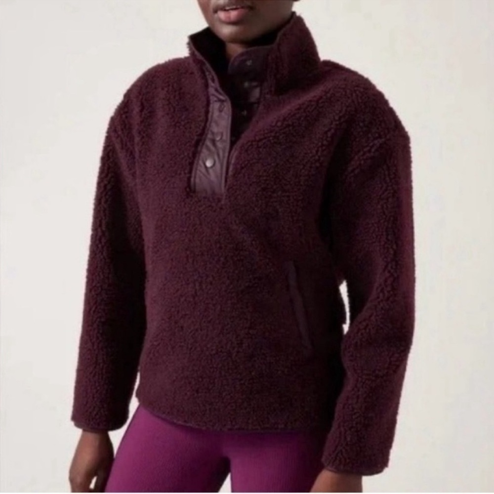 Athleta Warm Cozy Sherpa Quarter Snap Sweatshirt Pullover Maroon size Large